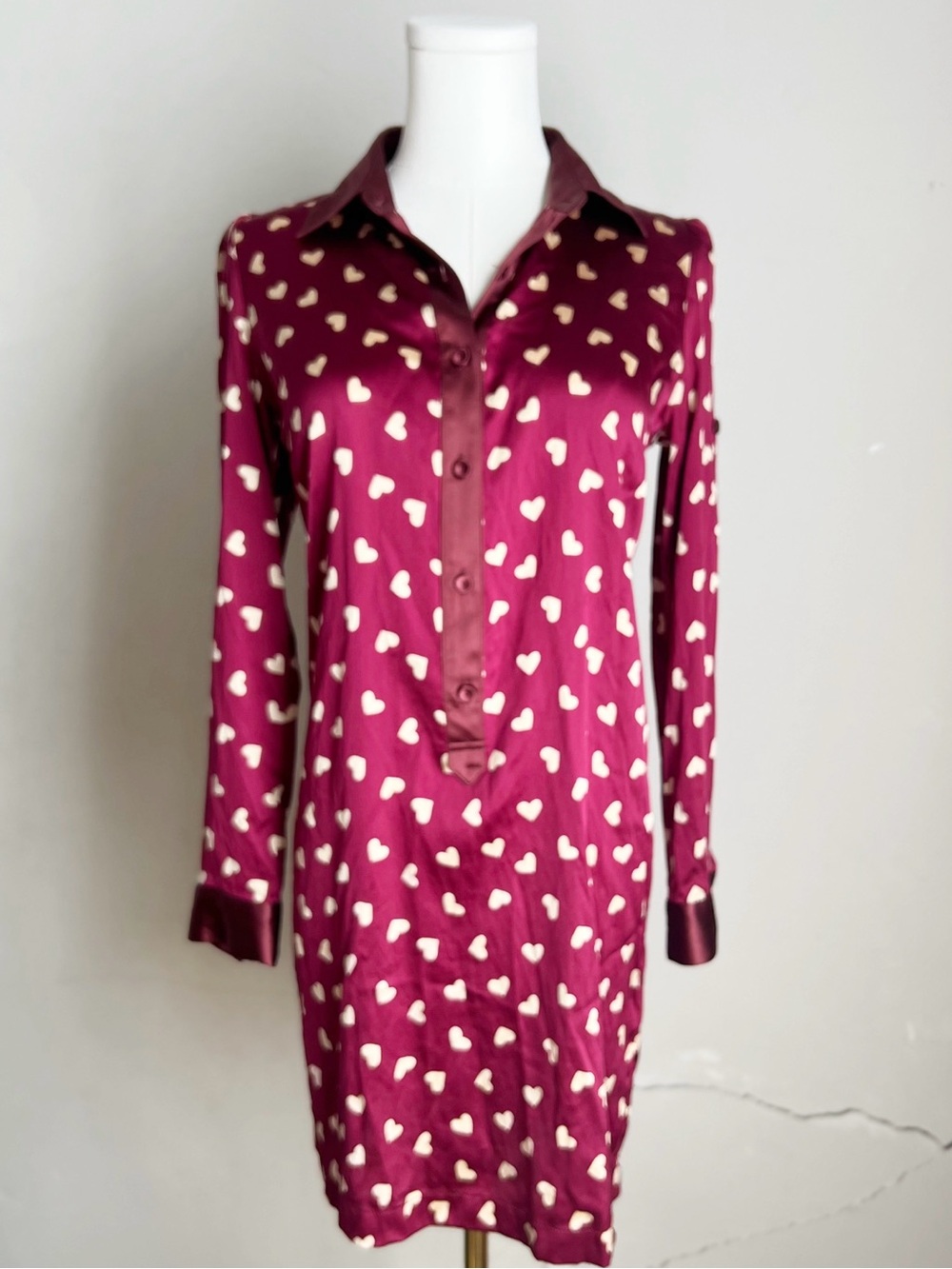 BURBERRY Burgundy Heart Print Shirt Dress